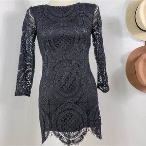 MLM LABEL Black Lace Crochet Nude Illusion Mini Dress Scalloped Hem Nightout S